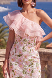 One Shoulder Blue Bodycon Ruffled Midi Floral Dress with Slit