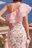 One Shoulder Blue Bodycon Ruffled Midi Floral Dress with Slit