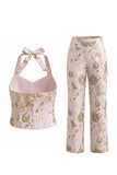 Green Flower 2-Piece Halter Neck Single Breasted Jacquard Women Suits