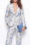 2 Piece Blue Flower Peak Lapel Jacquard One Button Women Suits