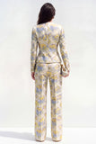 Yellow Flower 2 Piece Round Neck Single Breasted Jacquard Women Suits