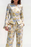 Yellow Flower 2 Piece Round Neck Single Breasted Jacquard Women Suits