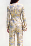 Yellow Flower 2 Piece Round Neck Single Breasted Jacquard Women Suits