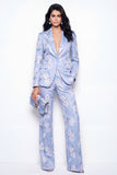 Blue Notch Lapel 2 Piece Jacquard One Button Slim Fit Women Suits