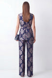 Navy Jacquard 2 Piece Shawl Lapel Women Suits with Belt