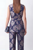 Navy Jacquard 2 Piece Shawl Lapel Women Suits with Belt