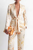 2 Piece Champagne Shawl Lapel Satin Floral Women Suits with Belt