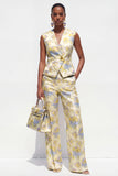 Yellow Flower 2 Piece V-Neck One Button Jacquard Women Suits