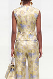 Yellow Flower 2 Piece V-Neck One Button Jacquard Women Suits