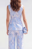 2 Piece Blue Shawl Lapel One Button Jacquard Floral Women Suits