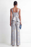 Grey Blue Square Neck Jacquard 2 Piece Ruffled Women Suits