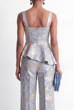 Grey Blue Square Neck Jacquard 2 Piece Ruffled Women Suits