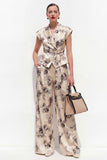 Champagne Black Flower Peak Lapel 2 Piece Satin One Button Women Suits with Belt
