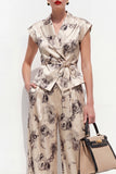Champagne Black Flower Peak Lapel 2 Piece Satin One Button Women Suits with Belt