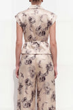 Champagne Black Flower Peak Lapel 2 Piece Satin One Button Women Suits with Belt