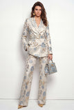 Grey Blue Flower 2 Piece Peak Lapel Satin Double Breasted Women Suits with Belt