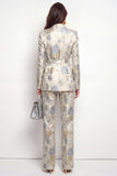 Grey Blue Flower 2 Piece Peak Lapel Satin Double Breasted Women Suits with Belt