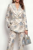 Grey Blue Flower 2 Piece Peak Lapel Satin Double Breasted Women Suits with Belt