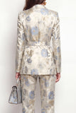 Grey Blue Flower 2 Piece Peak Lapel Satin Double Breasted Women Suits with Belt
