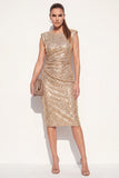 Sparkly Golden Round Neck Bodycon Sequins Midi Work Dress with Slit