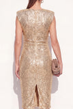 Sparkly Golden Round Neck Bodycon Sequins Midi Work Dress with Slit