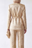 2 Piece Golden V-Neck Jacquard Women Suits with Belt