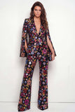 Sparkly Black Peak Lapel One Button Floral Sequins Women Suits