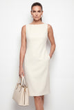 Ivory Bateau Neck Bodycon Midi Work Dress with Slit