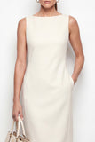 Ivory Bateau Neck Bodycon Midi Work Dress with Slit