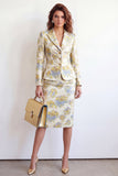 Yellow Flower 2 Piece Peak Lapel Single Breasted Jacquard Work Dress with Slit