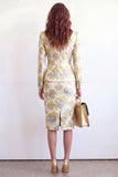 Yellow Flower 2 Piece Peak Lapel Single Breasted Jacquard Work Dress with Slit