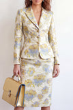 Yellow Flower 2 Piece Peak Lapel Single Breasted Jacquard Work Dress with Slit