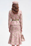 2 Piece Green Pink Flower Notch Lapel Single Breasted Jacquard Midi Work Dress with Belt