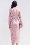 Pink Fuchsia Flower Satin 2 Piece Peak Lapel Midi Dress with Slit
