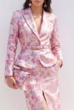 Pink Fuchsia Flower Satin 2 Piece Peak Lapel Midi Dress with Slit