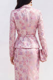 Pink Fuchsia Flower Satin 2 Piece Peak Lapel Midi Dress with Slit