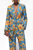 Blue Floral 2 Piece Notch Lapel One Button Women Suits