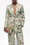 Blue Floral 2 Piece Notch Lapel One Button Women Suits