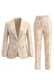 Golden 2 Piece Jacquard Peak Lapel One Button Slim Fit Women Suits