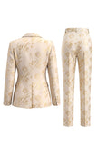 Golden 2 Piece Jacquard Peak Lapel One Button Slim Fit Women Suits