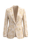 Golden 2 Piece Jacquard Peak Lapel One Button Slim Fit Women Suits