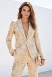 Golden 2 Piece Jacquard Peak Lapel One Button Slim Fit Women Suits