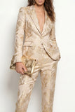 Golden 2 Piece Jacquard Peak Lapel One Button Slim Fit Women Suits