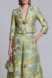Sage Green Floral 2 Piece Notched Lapel Women's Skirt Suits with Pockets