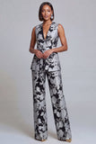 2 Piece Navy Pink Floral V-Neck Women Suits with Belt