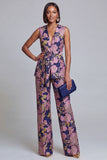 2 Piece Navy Pink Floral V-Neck Women Suits with Belt
