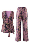 2 Piece Navy Pink Floral V-Neck Women Suits with Belt