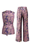2 Piece Navy Pink Floral V-Neck Women Suits with Belt
