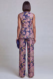 2 Piece Navy Pink Floral V-Neck Women Suits with Belt