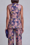 2 Piece Navy Pink Floral V-Neck Women Suits with Belt